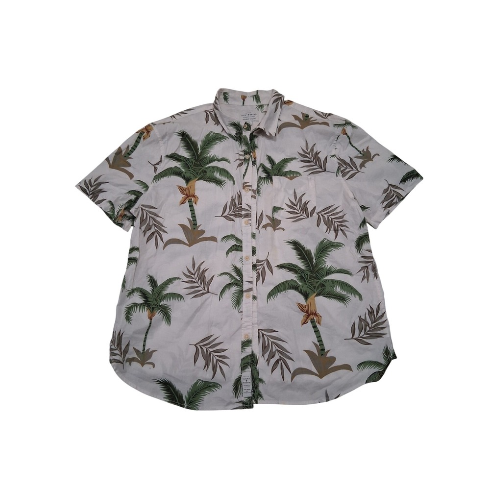 Lucky Brand Saturday Stretch Mens XL Short Sleeve Tropical Palm Tree Shirt White